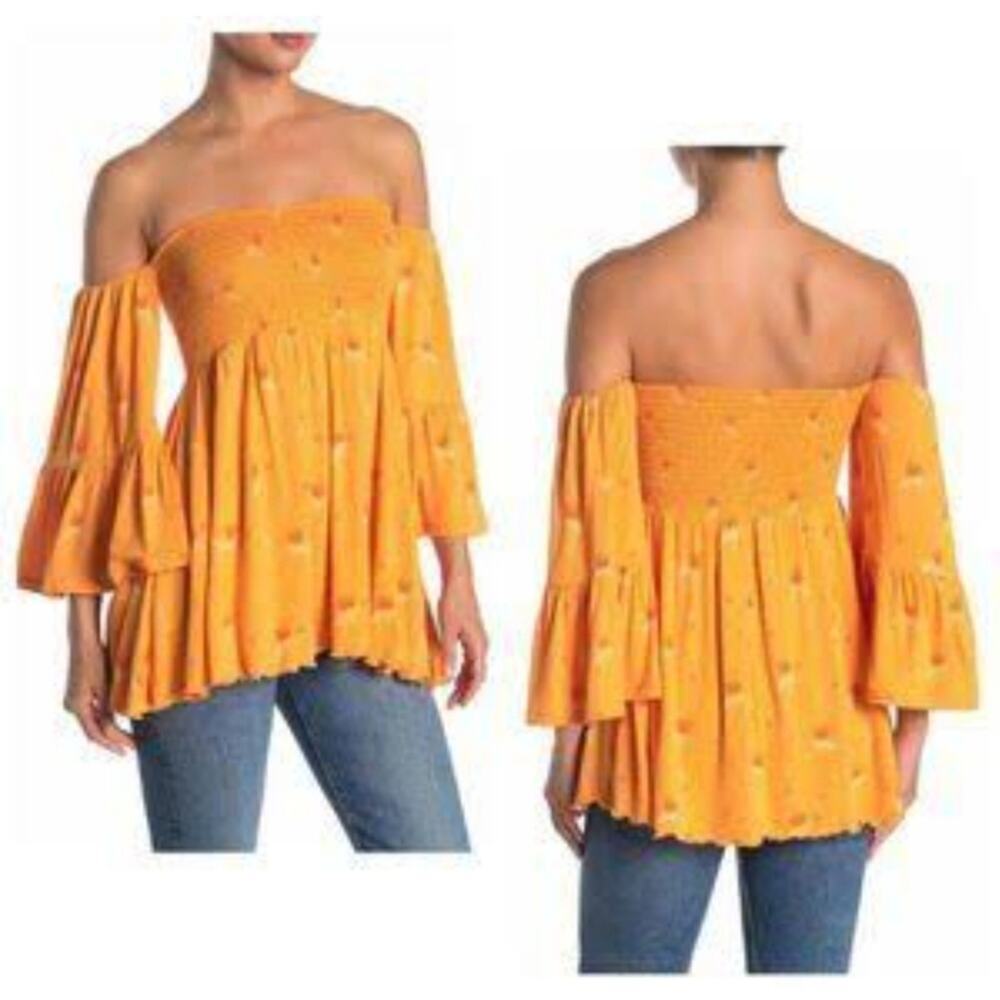 FREE PEOPLE LANA PRINTED OF THE SHOULDER GOLDEN POPPY SIZE MED